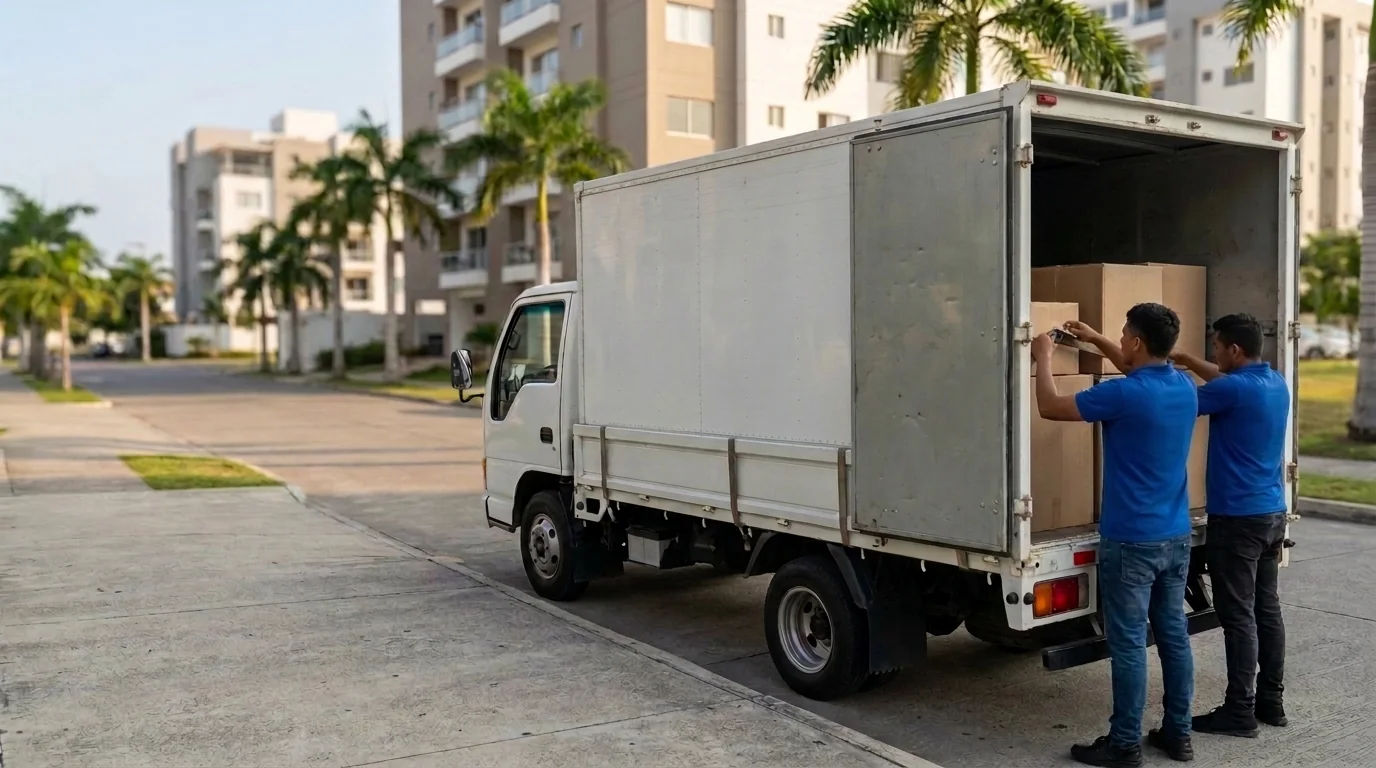 Cuadrilla de FletesGuayaquil.com cargando cajas en un camión durante un flete en Guayaquil