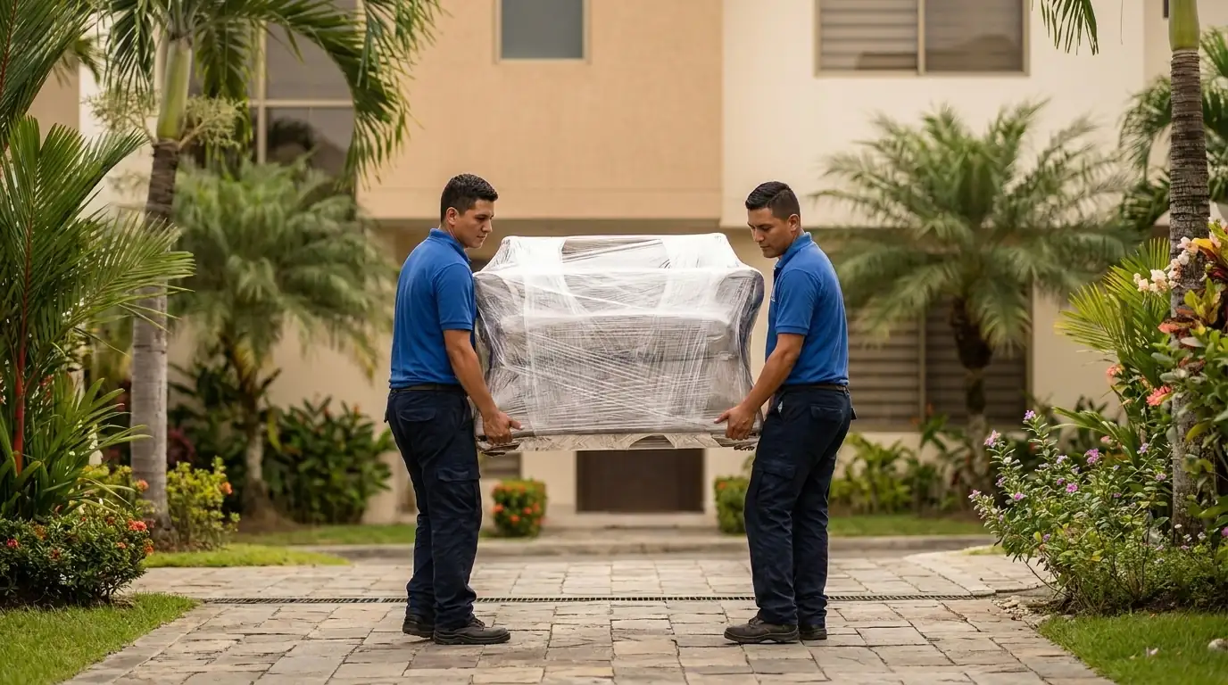 Cuadrilla de FletesGuayaquil.com cargando con cuidado un mueble envuelto en plástico protector durante una mudanza en Guayaquil