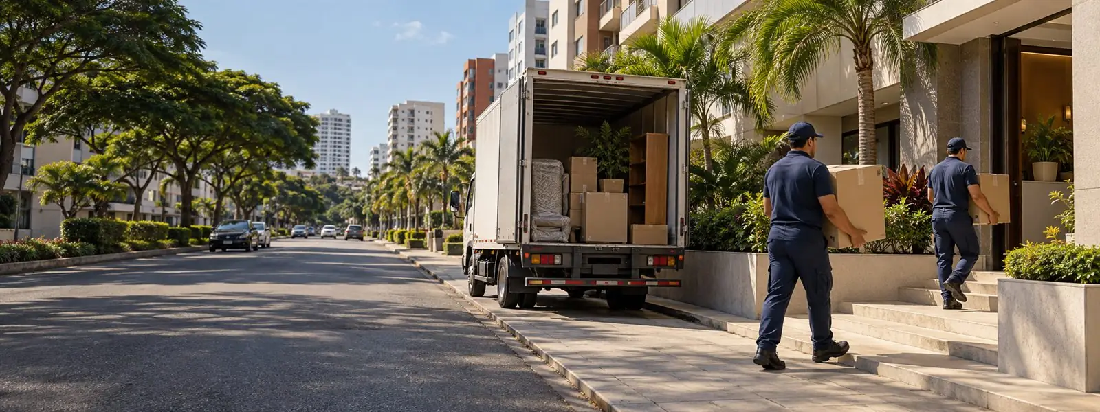 Imagen ilustrativa de una mudanza residencial en La Alborada: camión y equipo trasladando muebles y cajas