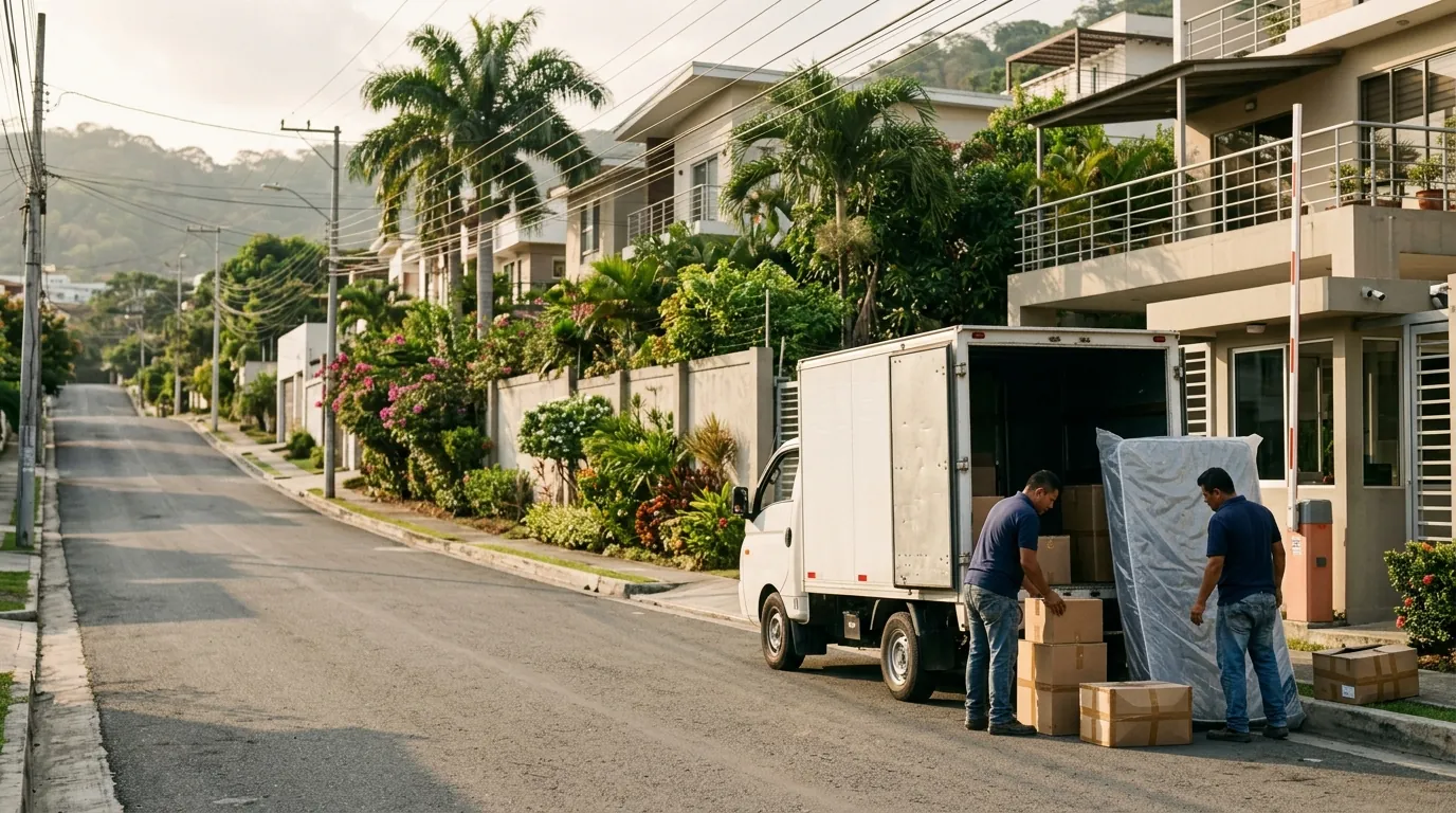 Imagen ilustrativa de una mudanza residencial en Ceibos: camión y equipo trasladando muebles y cajas