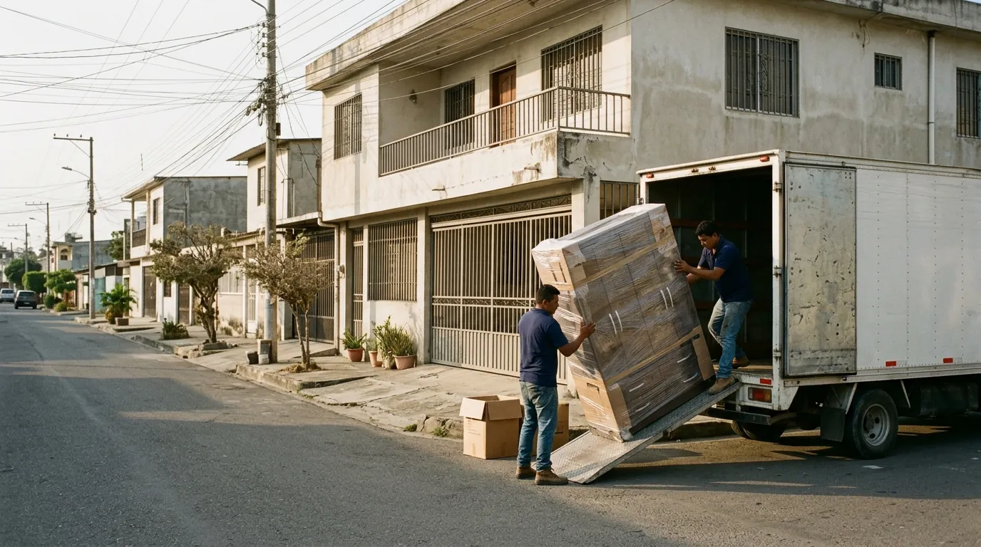 Imagen ilustrativa de una mudanza residencial en Centro Sur: camión y equipo trasladando muebles y cajas