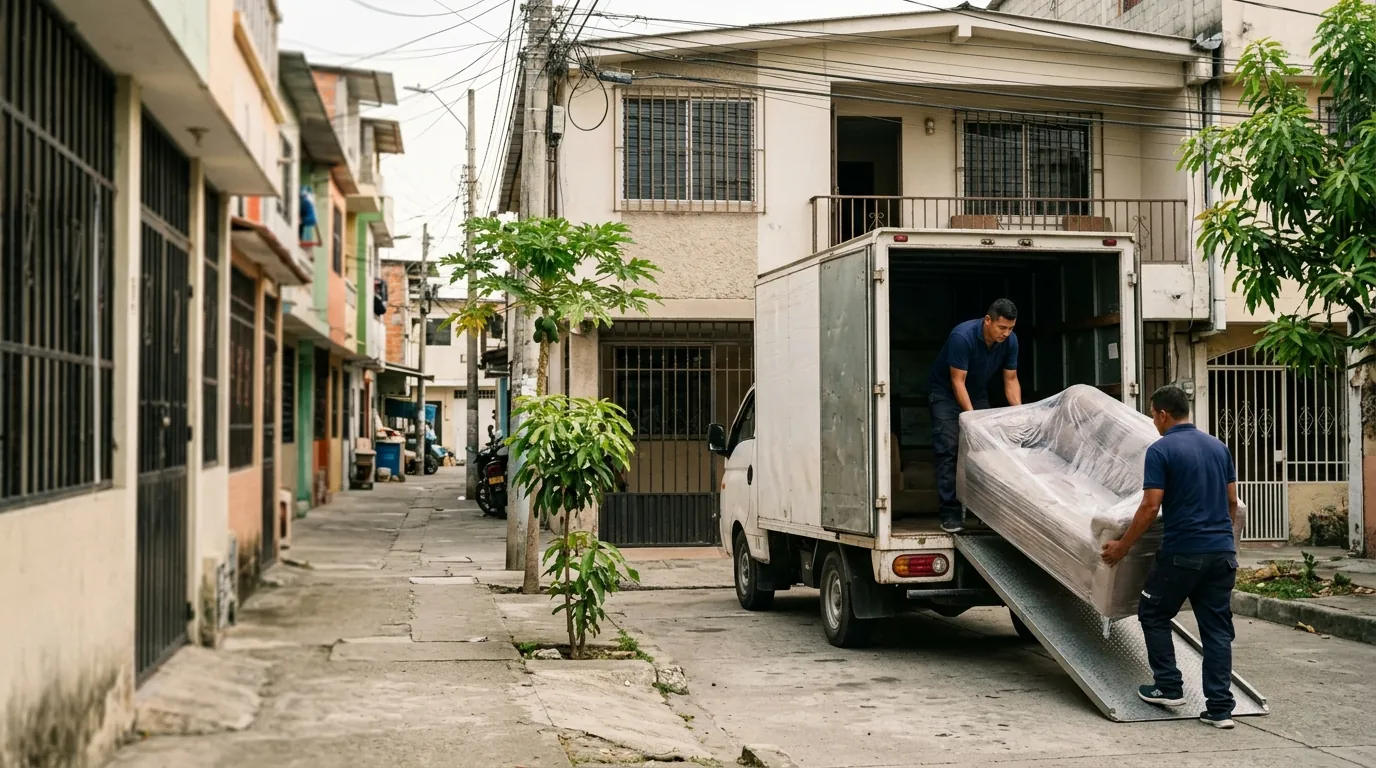 Imagen ilustrativa de una mudanza residencial en Garzota: camión y equipo trasladando muebles y cajas