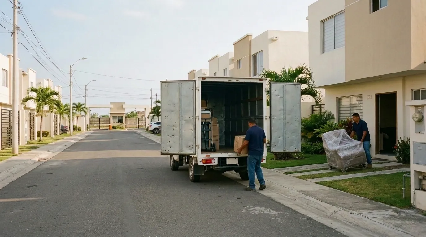Imagen ilustrativa de una mudanza residencial en La Aurora: camión y equipo trasladando muebles y cajas