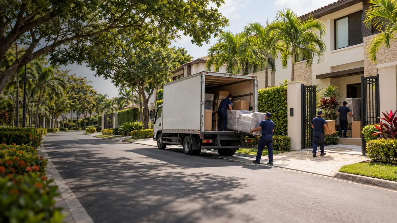 Imagen ilustrativa de una mudanza residencial en Samborondón: camión y equipo trasladando muebles y cajas