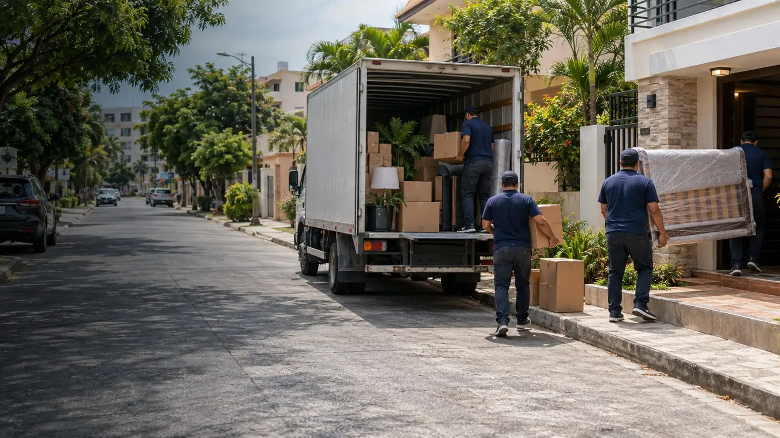 Imagen ilustrativa de una mudanza residencial en Sauces: camión y equipo trasladando muebles y cajas