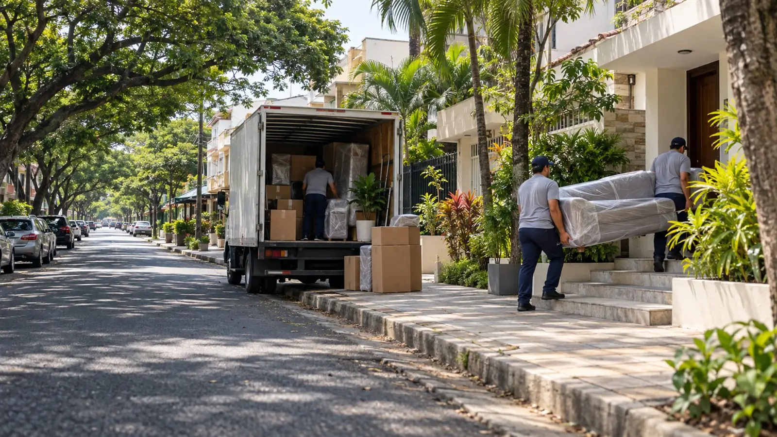Imagen ilustrativa de una mudanza residencial en Urdesa: camión y equipo trasladando muebles y cajas