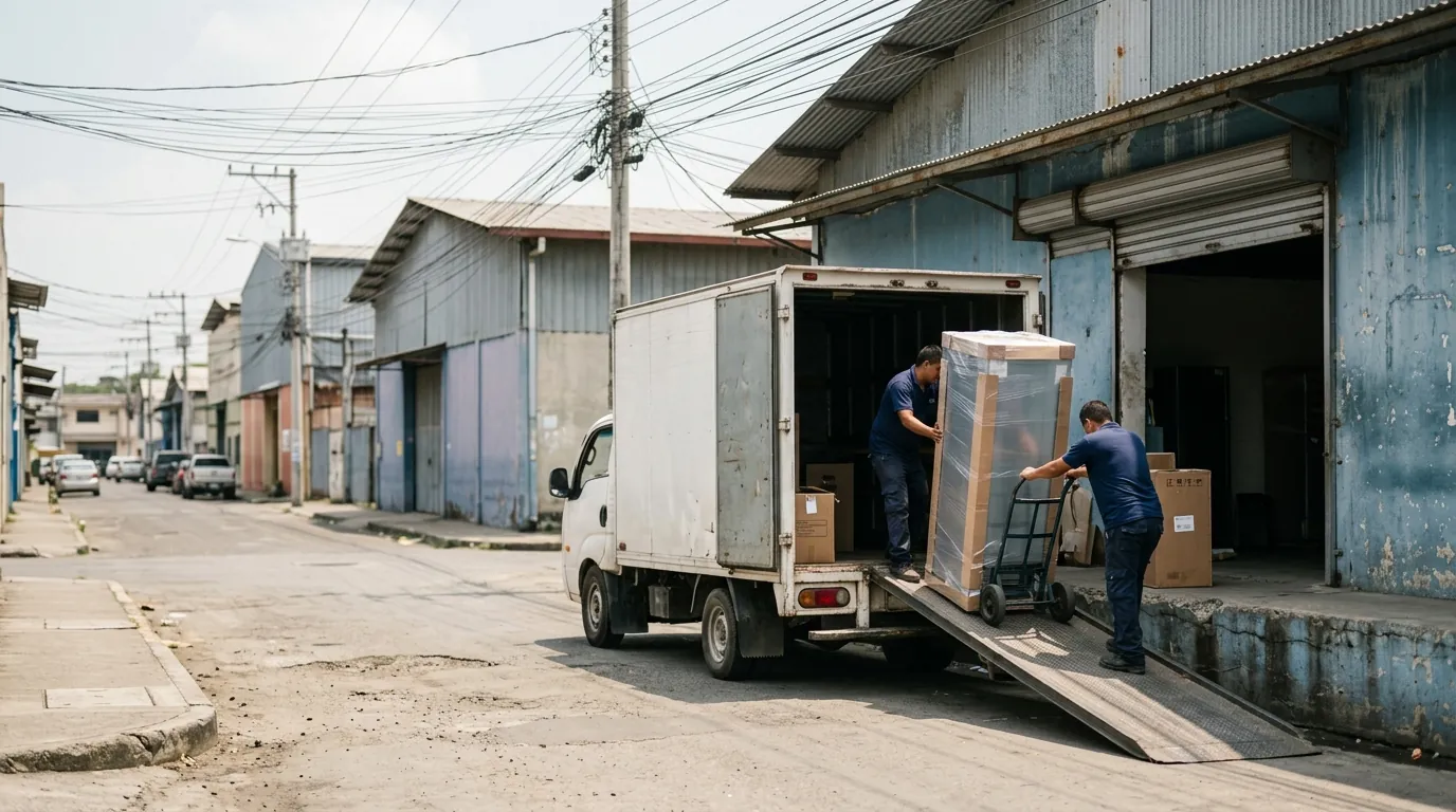 Imagen ilustrativa de una mudanza residencial en Vía a Daule: camión y equipo trasladando muebles y cajas