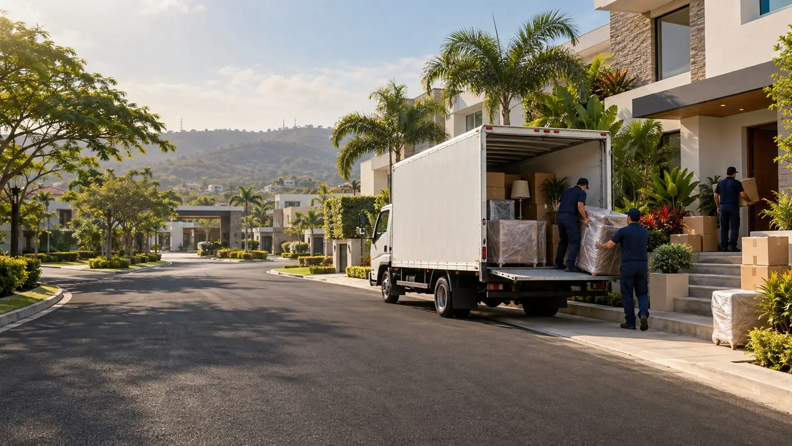 Imagen ilustrativa de una mudanza residencial en Vía a la Costa: camión y equipo trasladando muebles y cajas