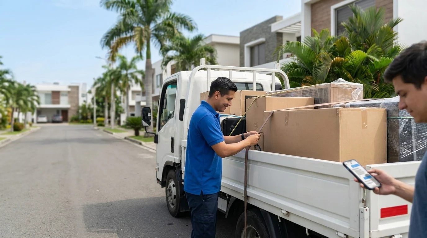 Camión de estacas cargado con cajas aseguradas con correas, listo para un flete en una calle residencial de Guayaquil
