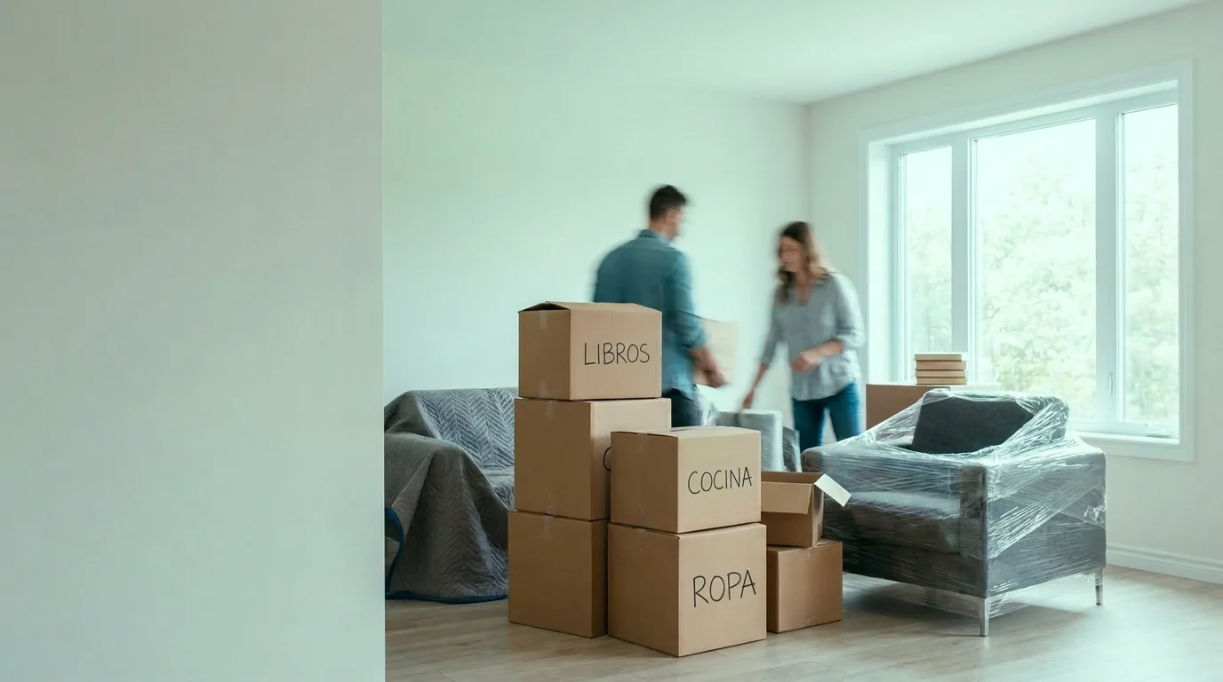 Cajas de mudanza etiquetadas (libros, cocina, ropa) y muebles envueltos en plástico protector dentro de una vivienda