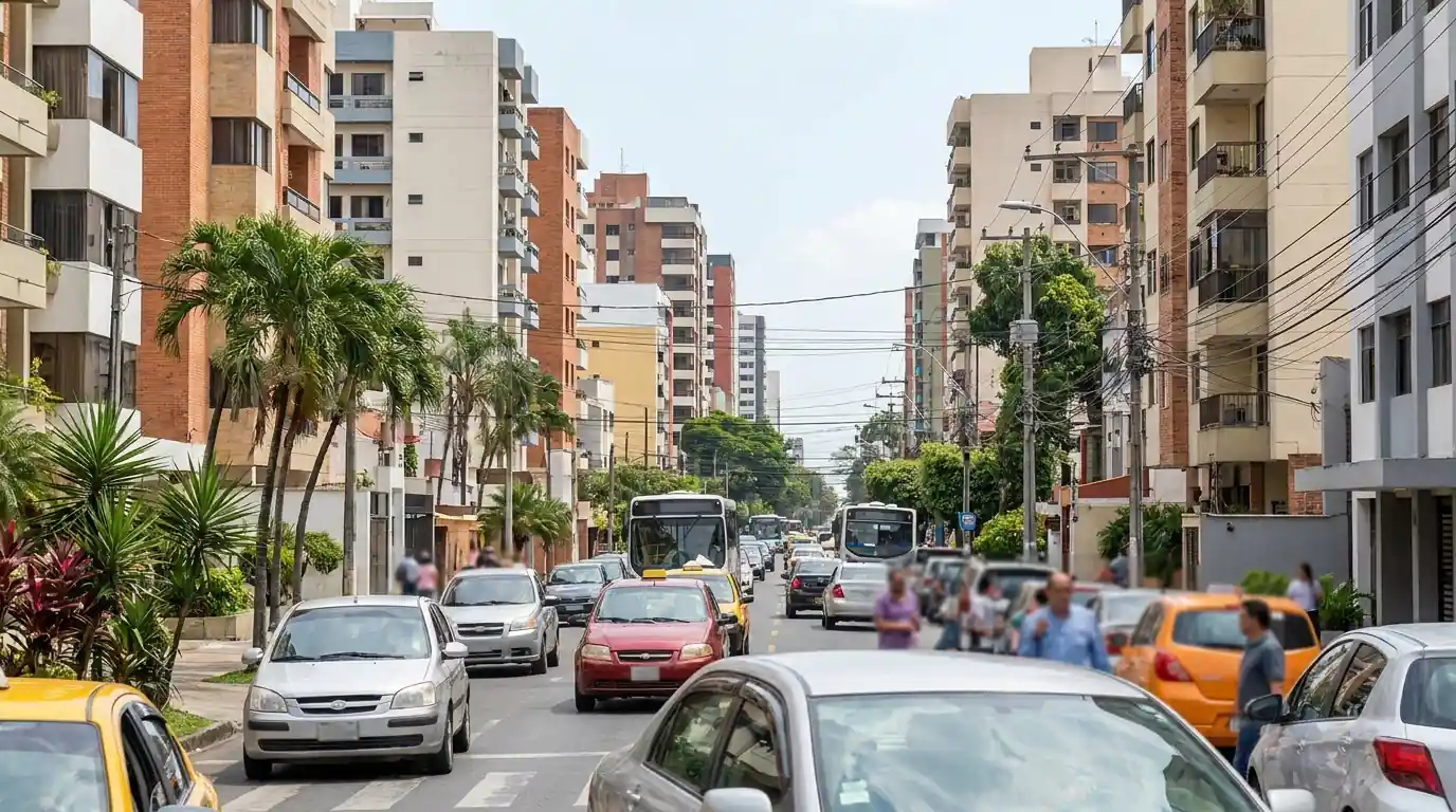 Imagen ilustrativa de una calle con tráfico y edificios de varios pisos en Alborada