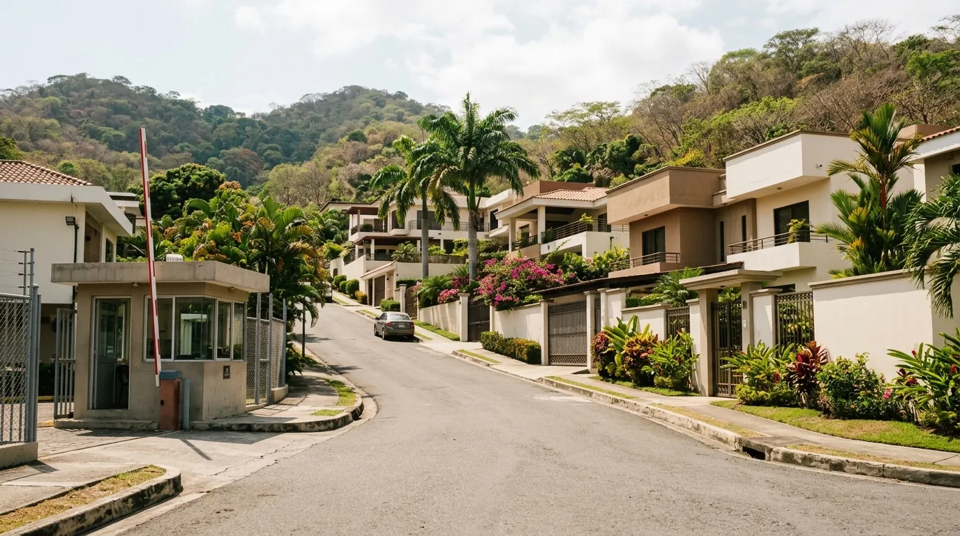 Imagen ilustrativa de una calle en ladera de Ceibos con casas modernas, vegetación y la garita de un condominio