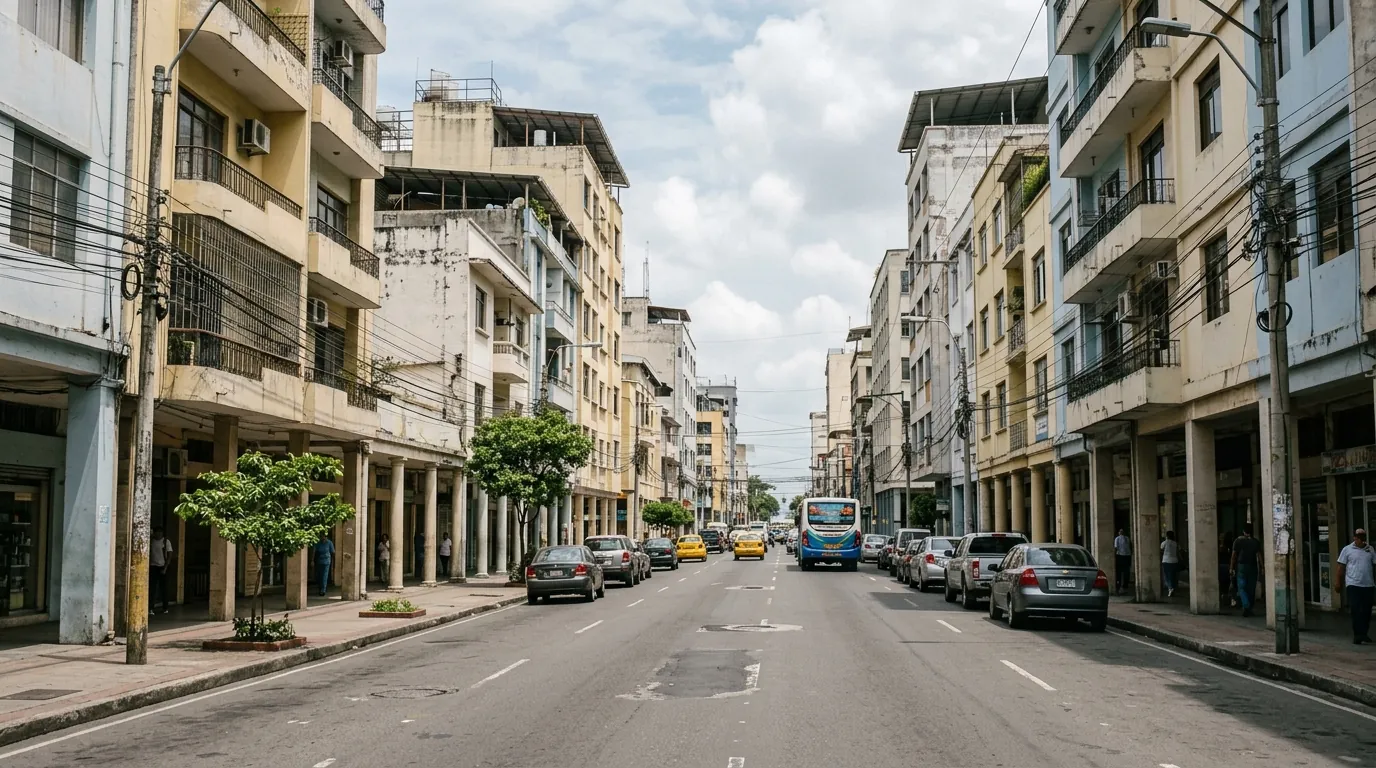 Imagen ilustrativa de una calle del centro de Guayaquil con edificios de varios pisos, soportales y balcones