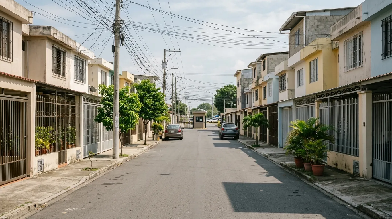 Imagen ilustrativa de una calle residencial de Garzota con casas de dos pisos, rejas y una garita al fondo