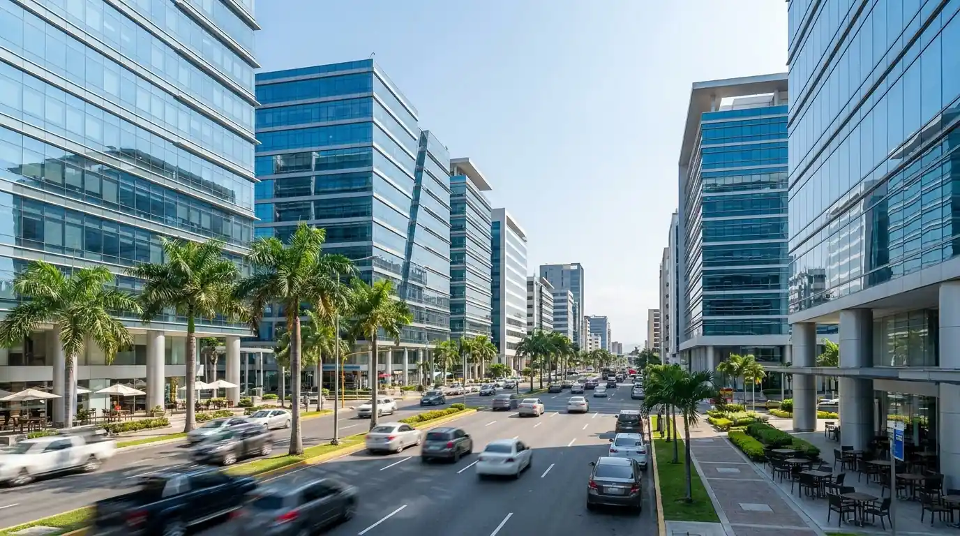 Imagen ilustrativa de una avenida con torres de oficinas y palmeras en Kennedy