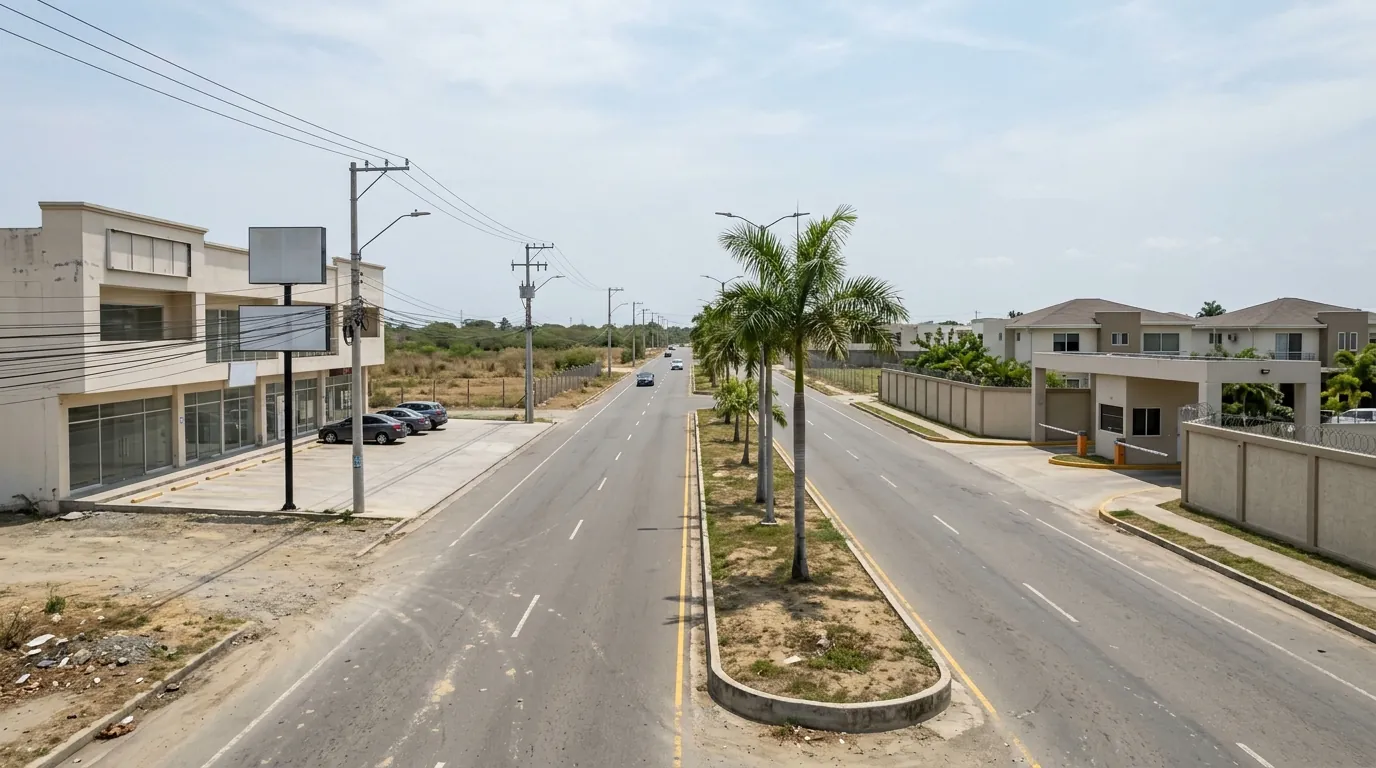Imagen ilustrativa de una avenida de La Aurora con una plaza comercial y el acceso a una urbanización