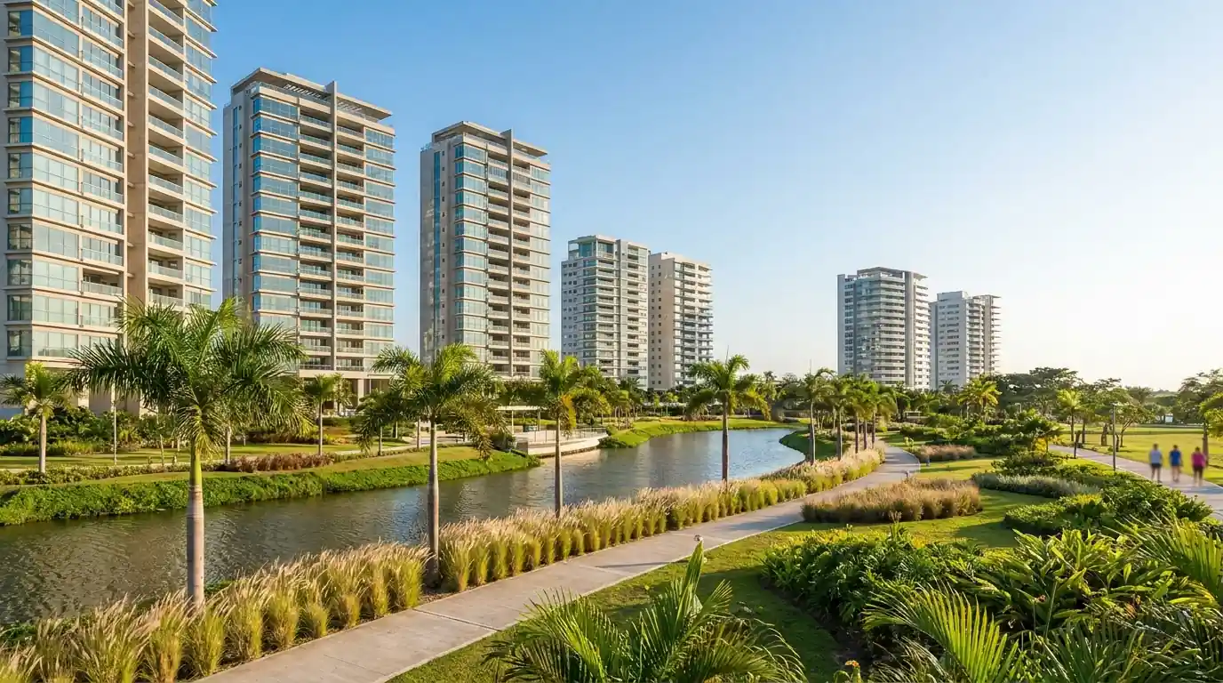 Imagen ilustrativa de un parque lineal junto a un canal con torres de departamentos en Samborondón