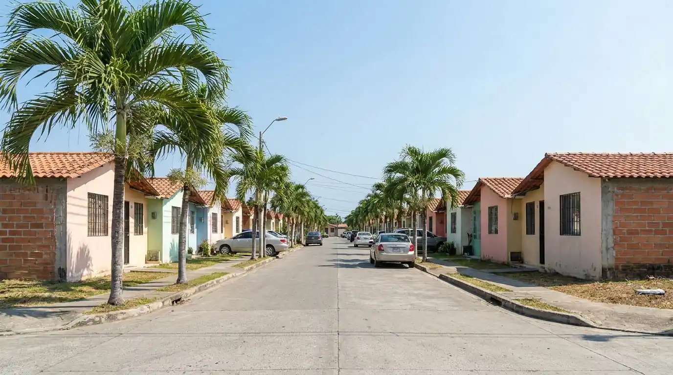 Imagen ilustrativa de una calle de casas de una planta con palmeras en Sauces