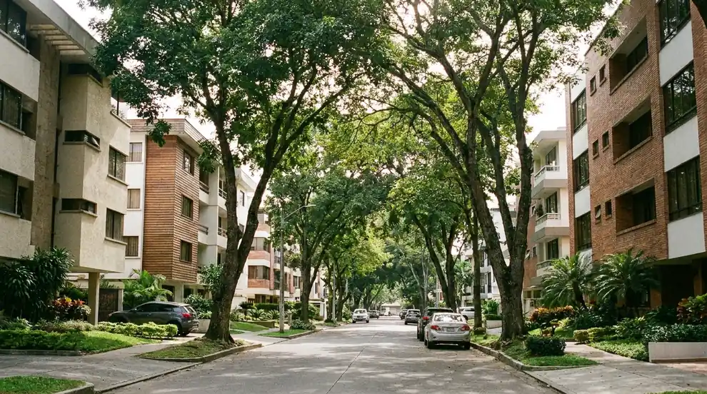 Imagen ilustrativa de una calle arbolada de Urdesa con edificios de departamentos