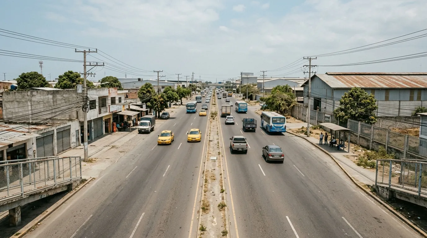 Imagen ilustrativa de la Vía a Daule: carretera de varios carriles con bodegas, locales comerciales y una parada de bus