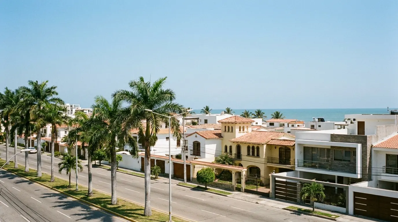 Imagen ilustrativa de una avenida con palmeras y casas en la Vía a la Costa